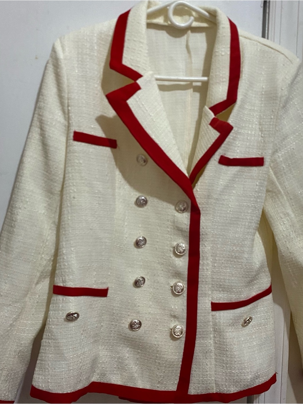 Cream Double-Breasted Blazer with Red Trim plus bottom